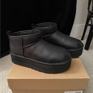UGG Classic Ultra Mini Platform Black Leather Boots